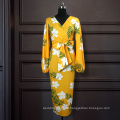 Summer 2020 New Yellow V Neck Print Slim Waistline Women Casual Dress